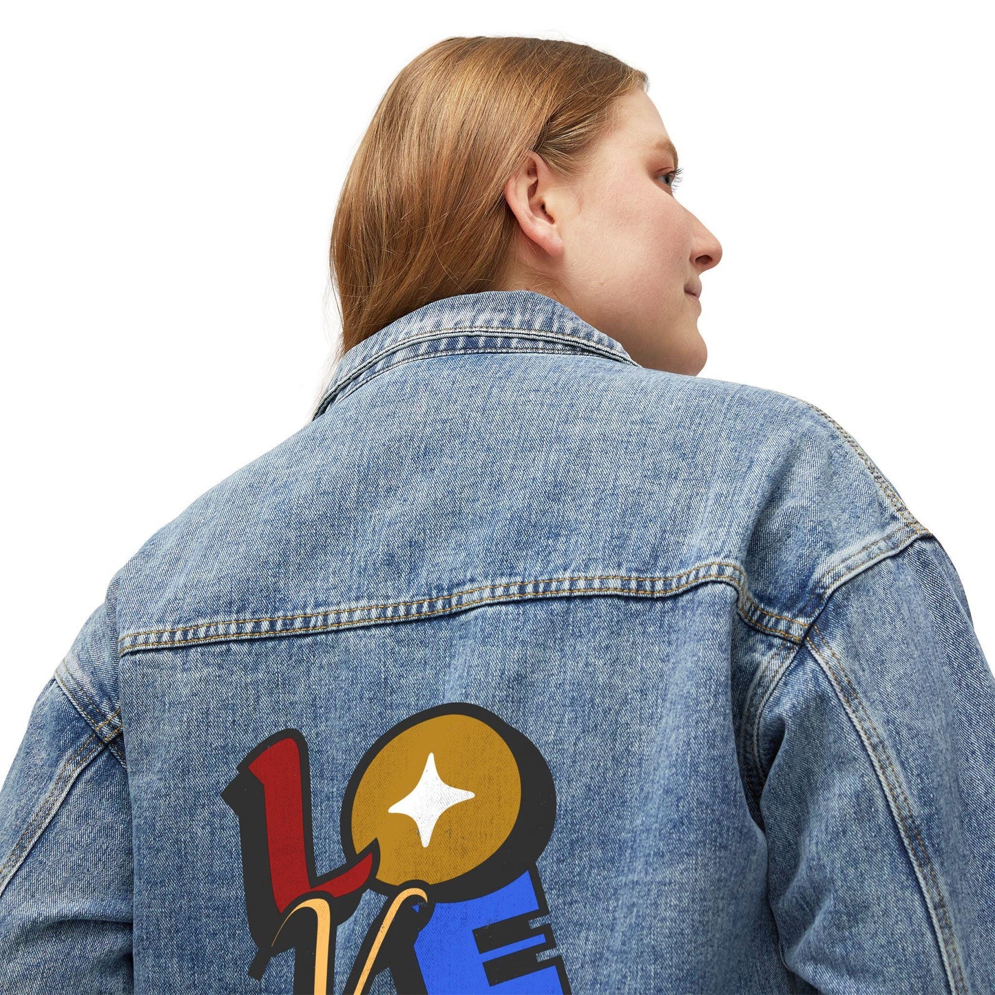 Retro 'LOVE' Graphic Denim Jacket | 70s Groovy Back Patch