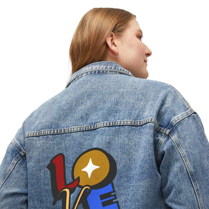 Retro 'LOVE' Graphic Denim Jacket | 70s Groovy Back Patch