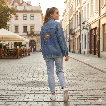 Retro 'LOVE' Graphic Denim Jacket | 70s Groovy Back Patch