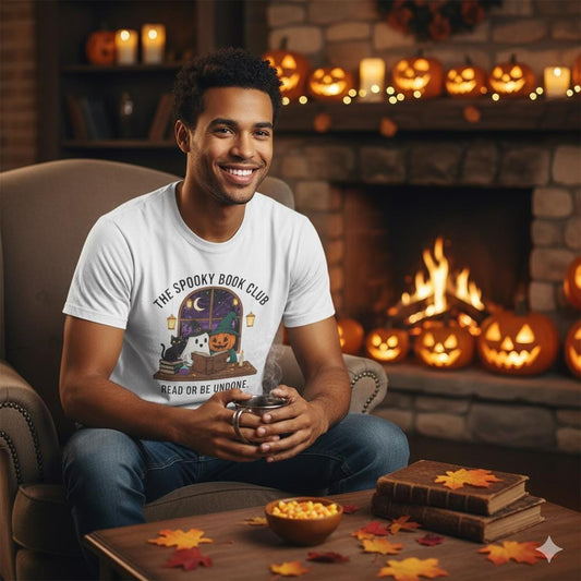 Spooky Book Club T-Shirt: Halloween Ghost, Pumpkin, Cat - Unisex Cotton Tee