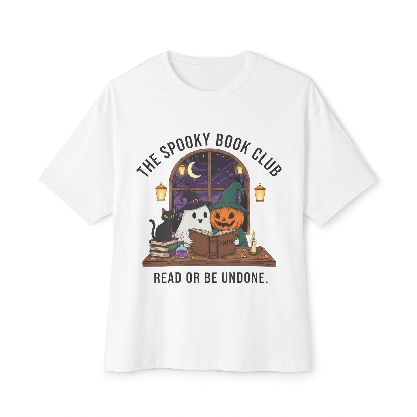 Spooky Book Club T-Shirt: Halloween Ghost, Pumpkin, Cat - Unisex Cotton Tee