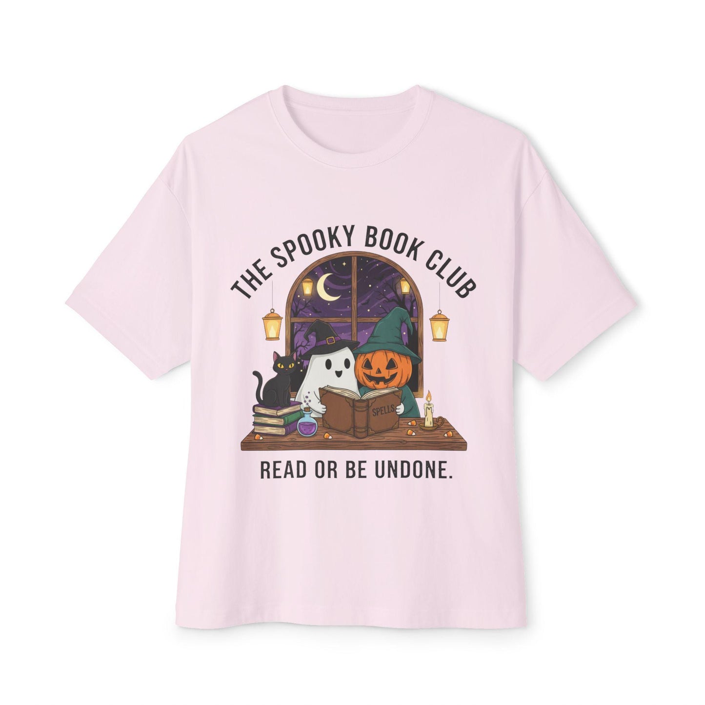 Spooky Book Club T-Shirt: Halloween Ghost, Pumpkin, Cat - Unisex Cotton Tee