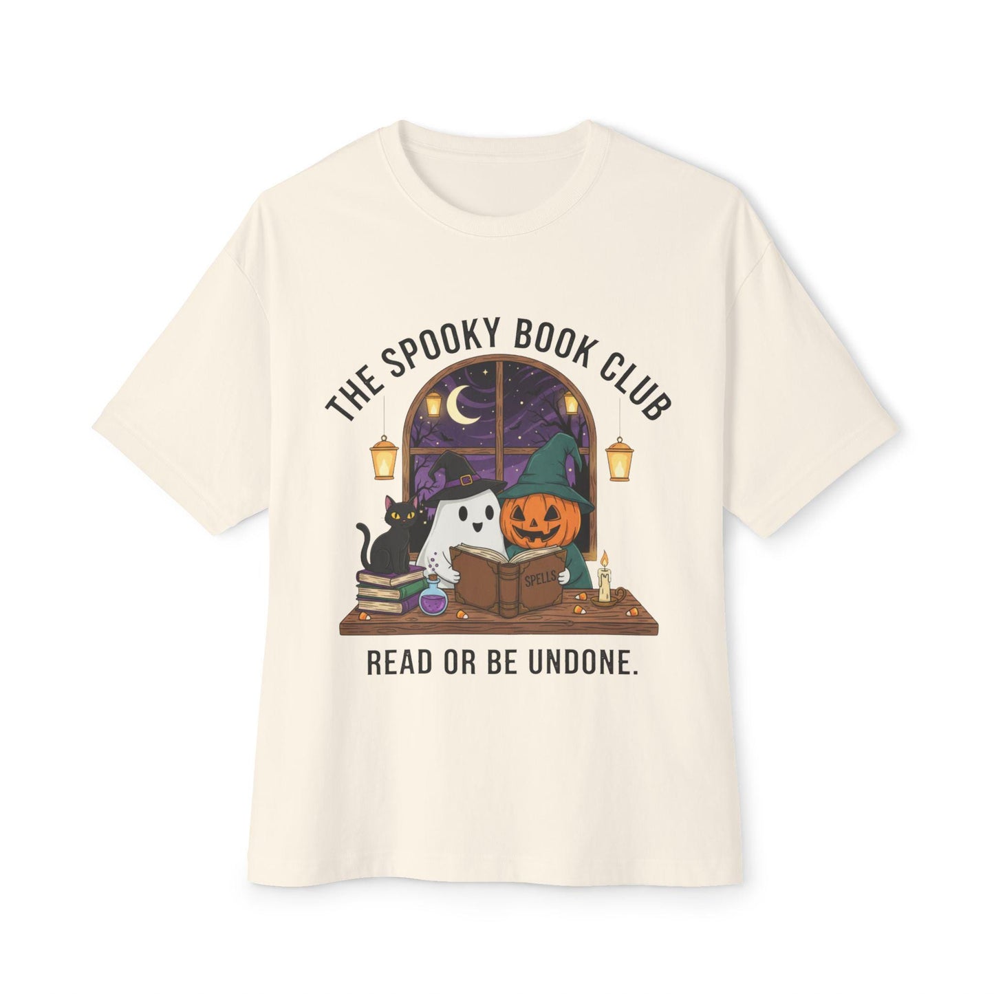 Spooky Book Club T-Shirt: Halloween Ghost, Pumpkin, Cat - Unisex Cotton Tee