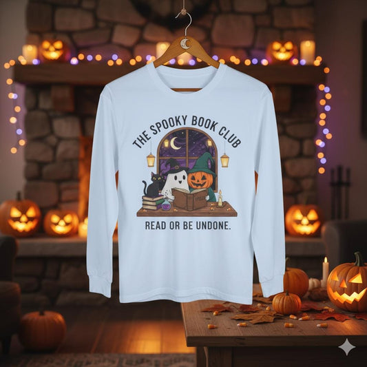 Spooky Book Club Long Sleeve Shirt: Halloween Reading Ghost Pumpkin Cat Tee