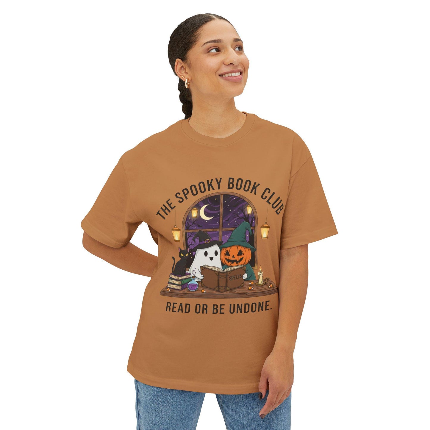 Spooky Book Club T-Shirt: Halloween Ghost, Pumpkin, Cat - Unisex Cotton Tee