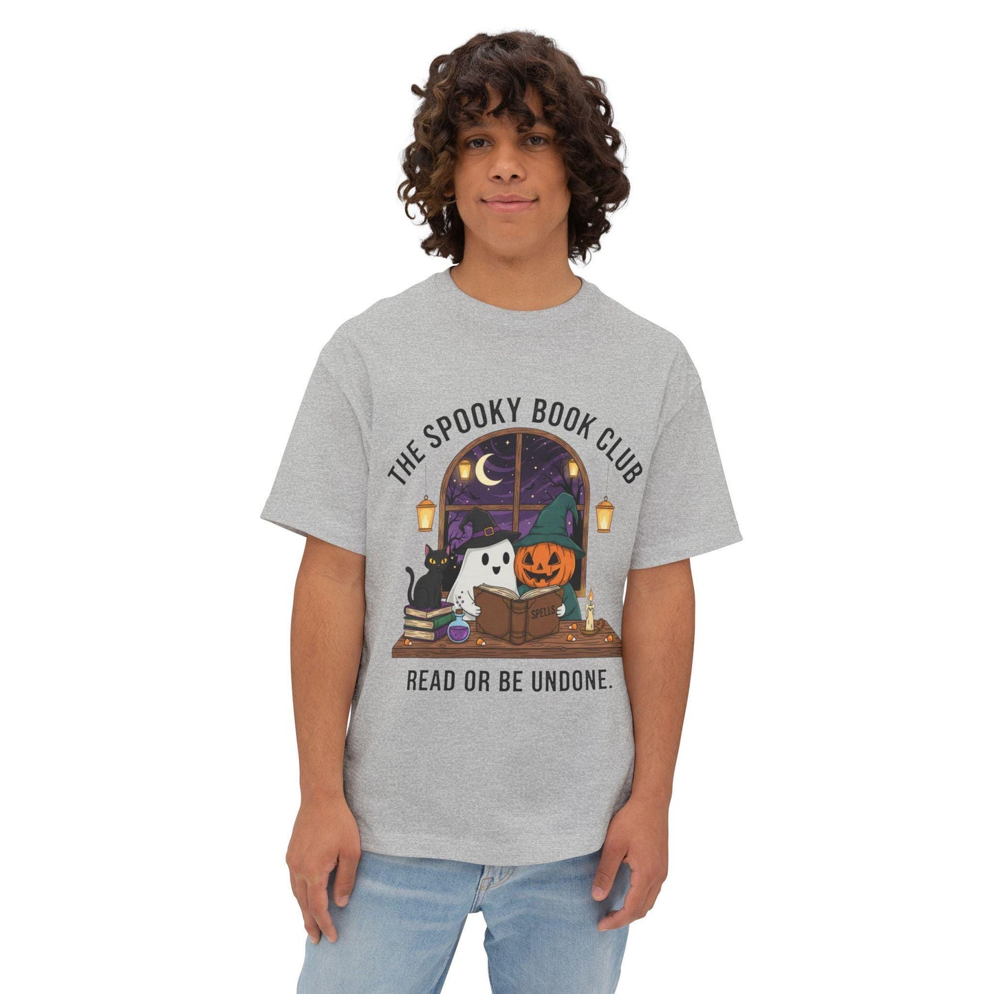 Spooky Book Club T-Shirt: Halloween Ghost, Pumpkin, Cat - Unisex Cotton Tee