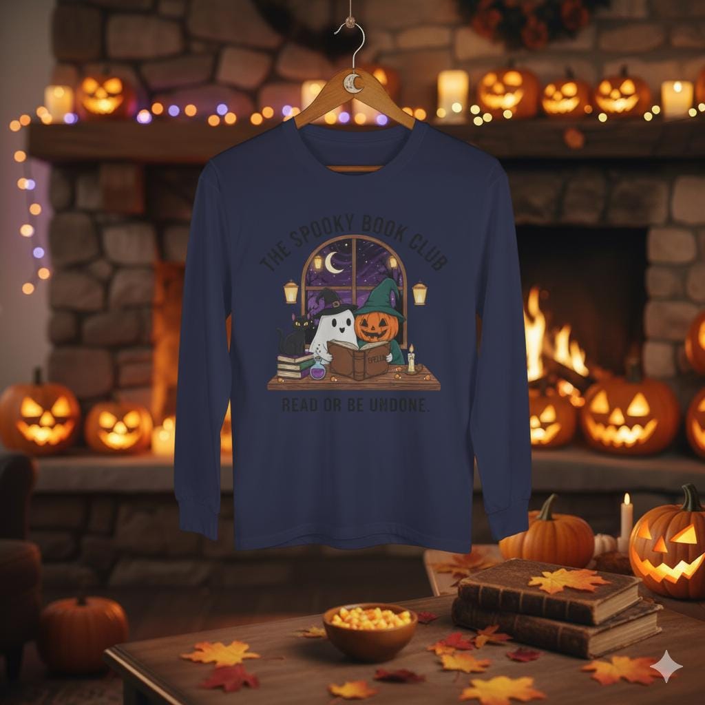 Spooky Book Club T-Shirt: Halloween Ghost, Pumpkin, Cat - Unisex Cotton Tee