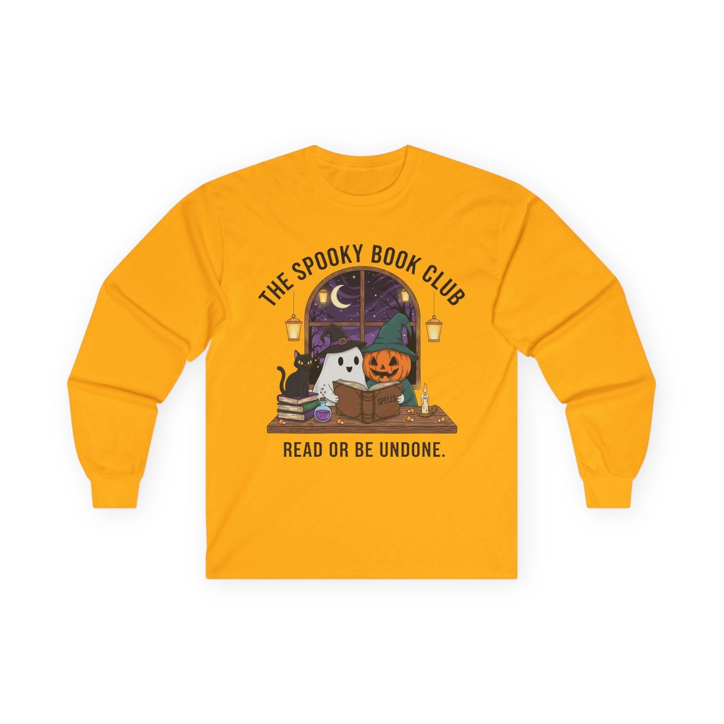 Spooky Book Club Long Sleeve Shirt: Halloween Reading Ghost Pumpkin Cat Tee