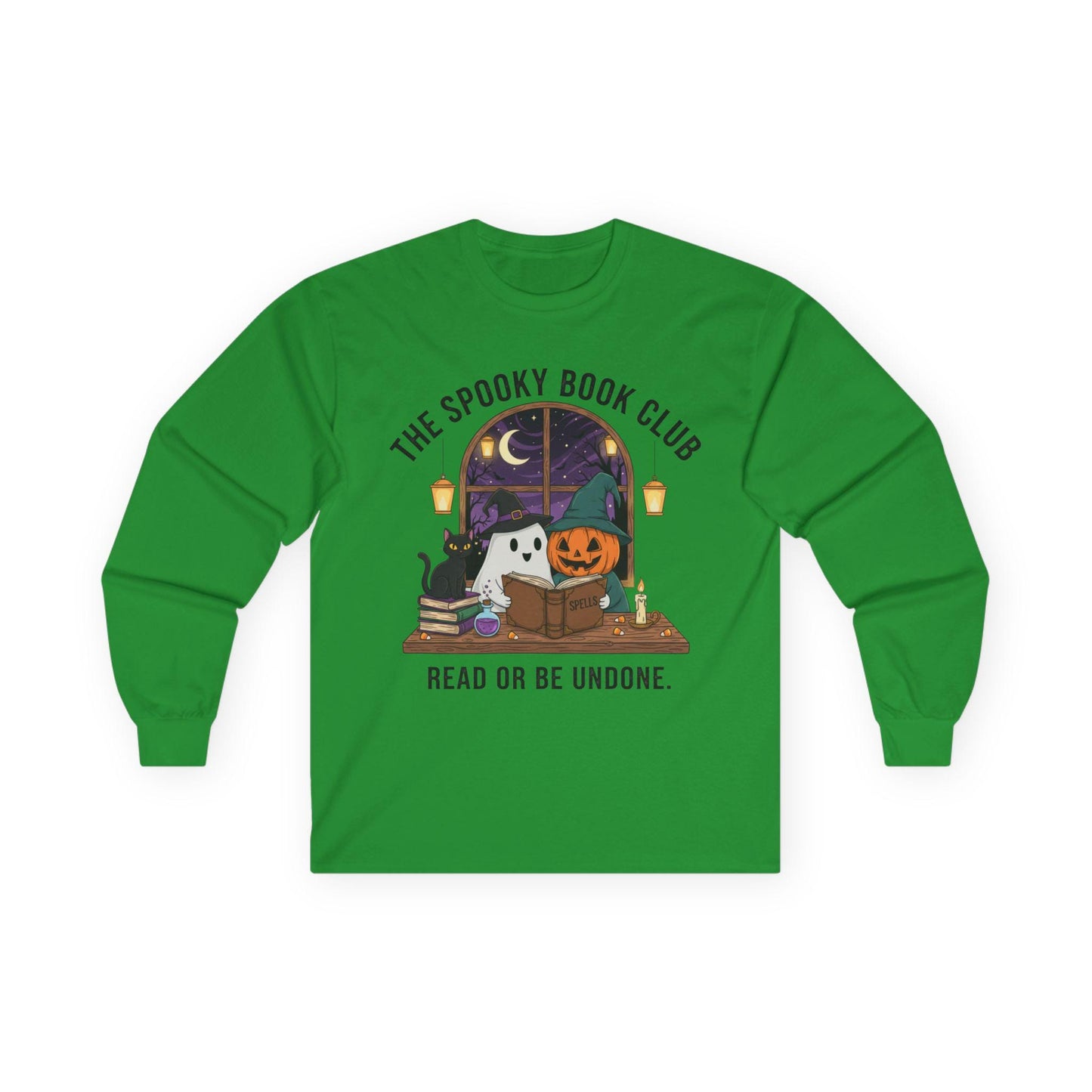 Spooky Book Club Long Sleeve Shirt: Halloween Reading Ghost Pumpkin Cat Tee