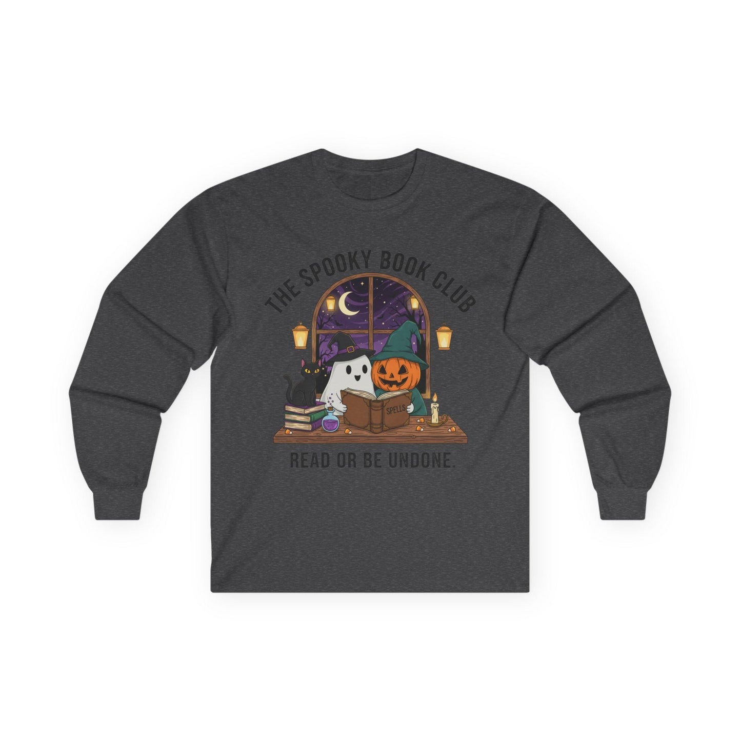 Spooky Book Club Long Sleeve Shirt: Halloween Reading Ghost Pumpkin Cat Tee