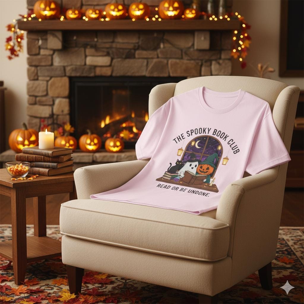 Spooky Book Club T-Shirt: Halloween Ghost, Pumpkin, Cat - Unisex Cotton Tee