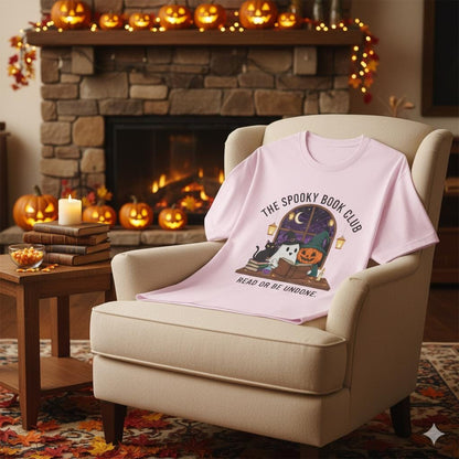 Spooky Book Club T-Shirt: Halloween Ghost, Pumpkin, Cat - Unisex Cotton Tee