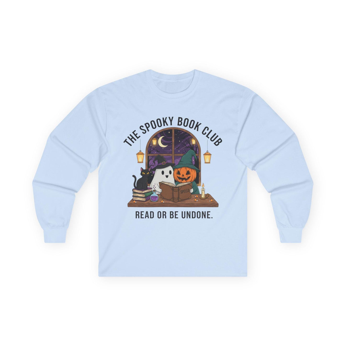 Spooky Book Club Long Sleeve Shirt: Halloween Reading Ghost Pumpkin Cat Tee