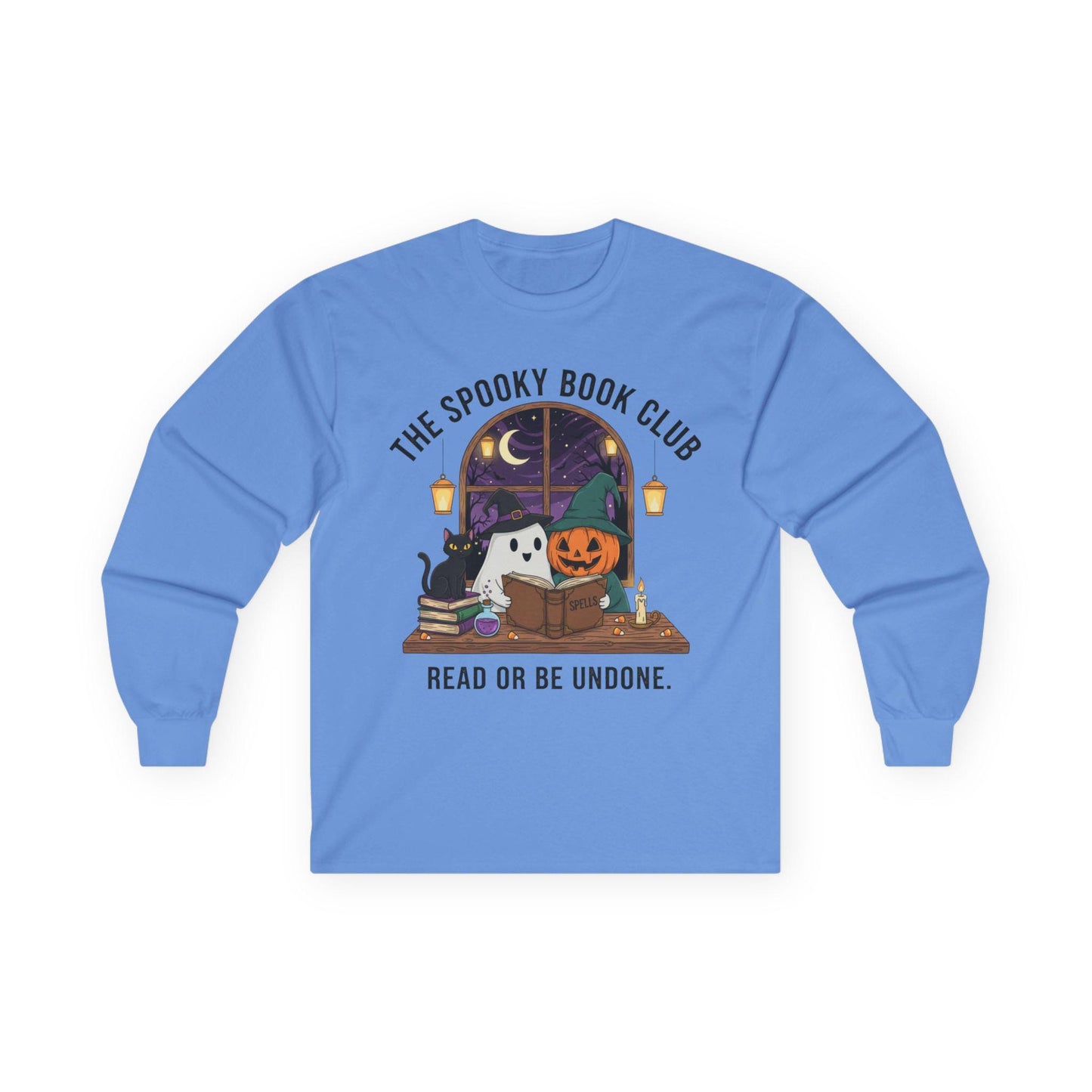 Spooky Book Club Long Sleeve Shirt: Halloween Reading Ghost Pumpkin Cat Tee
