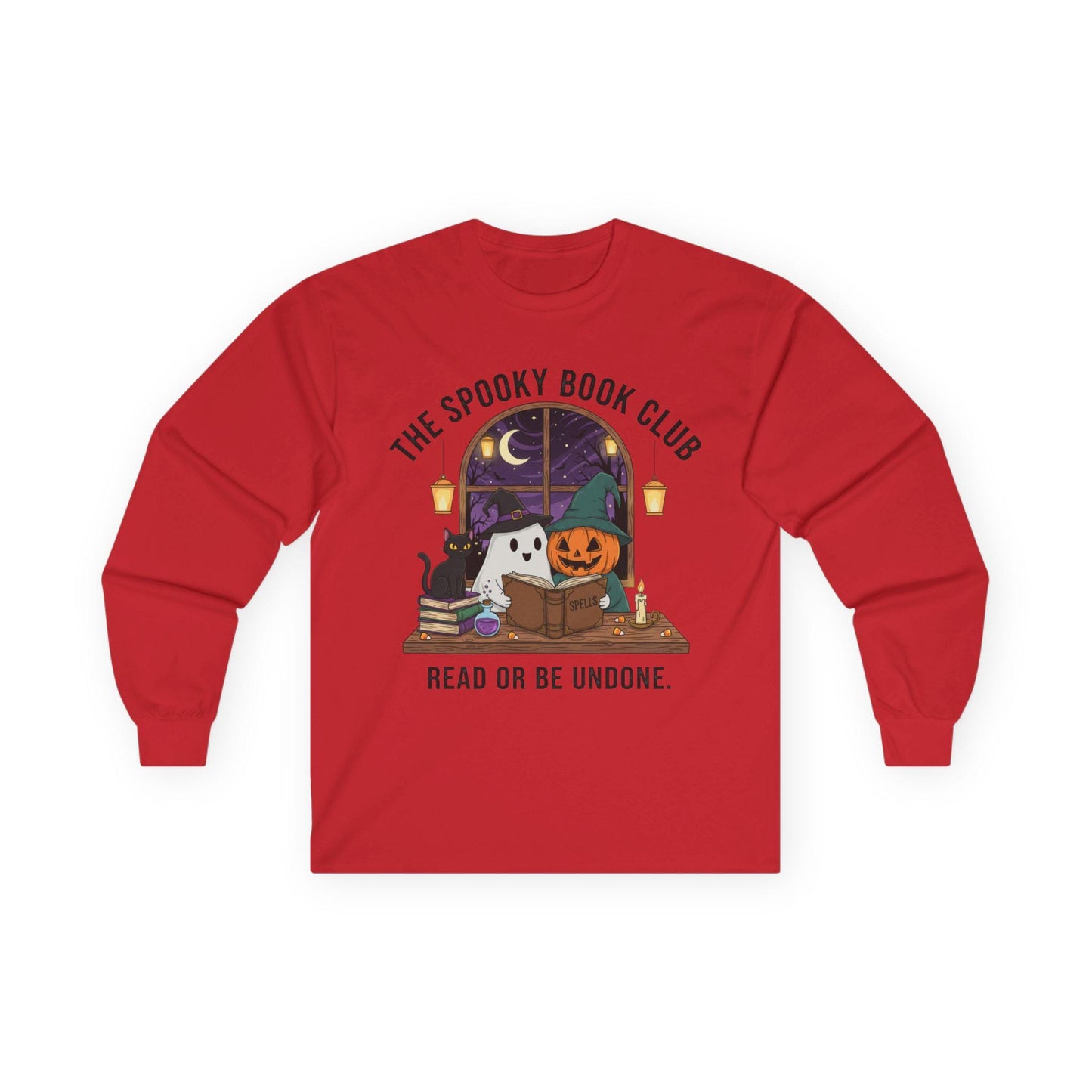 Spooky Book Club Long Sleeve Shirt: Halloween Reading Ghost Pumpkin Cat Tee