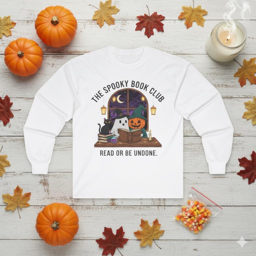 Spooky Book Club Long Sleeve Shirt: Halloween Reading Ghost Pumpkin Cat Tee