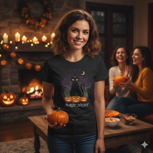 Magic Night Cat T-Shirt: Halloween Spooky Season Unisex Tee