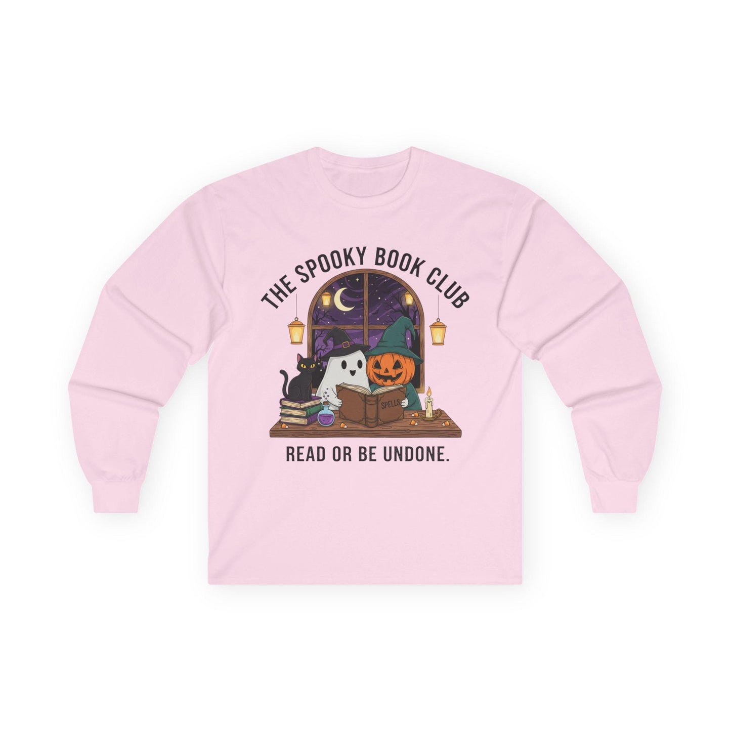 Spooky Book Club Long Sleeve Shirt: Halloween Reading Ghost Pumpkin Cat Tee