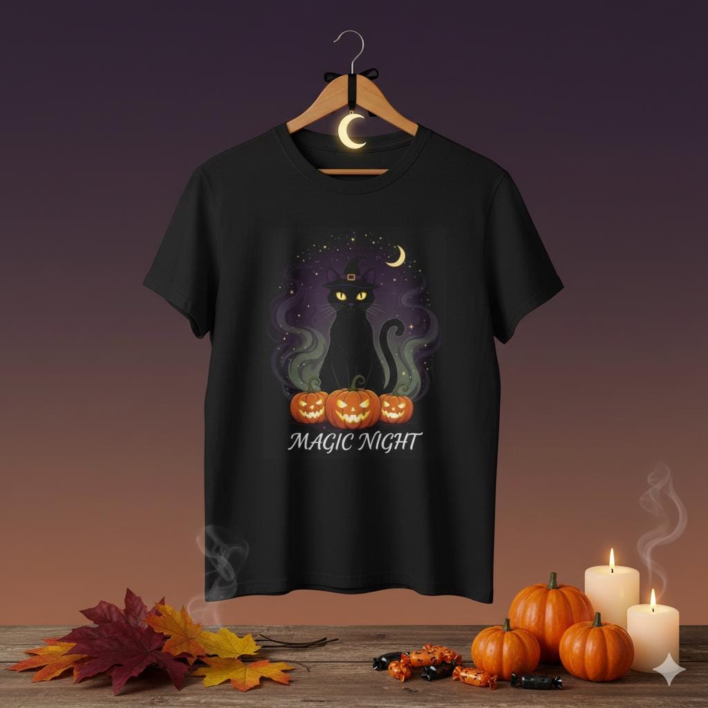 Magic Night Cat T-Shirt: Halloween Spooky Season Unisex Tee