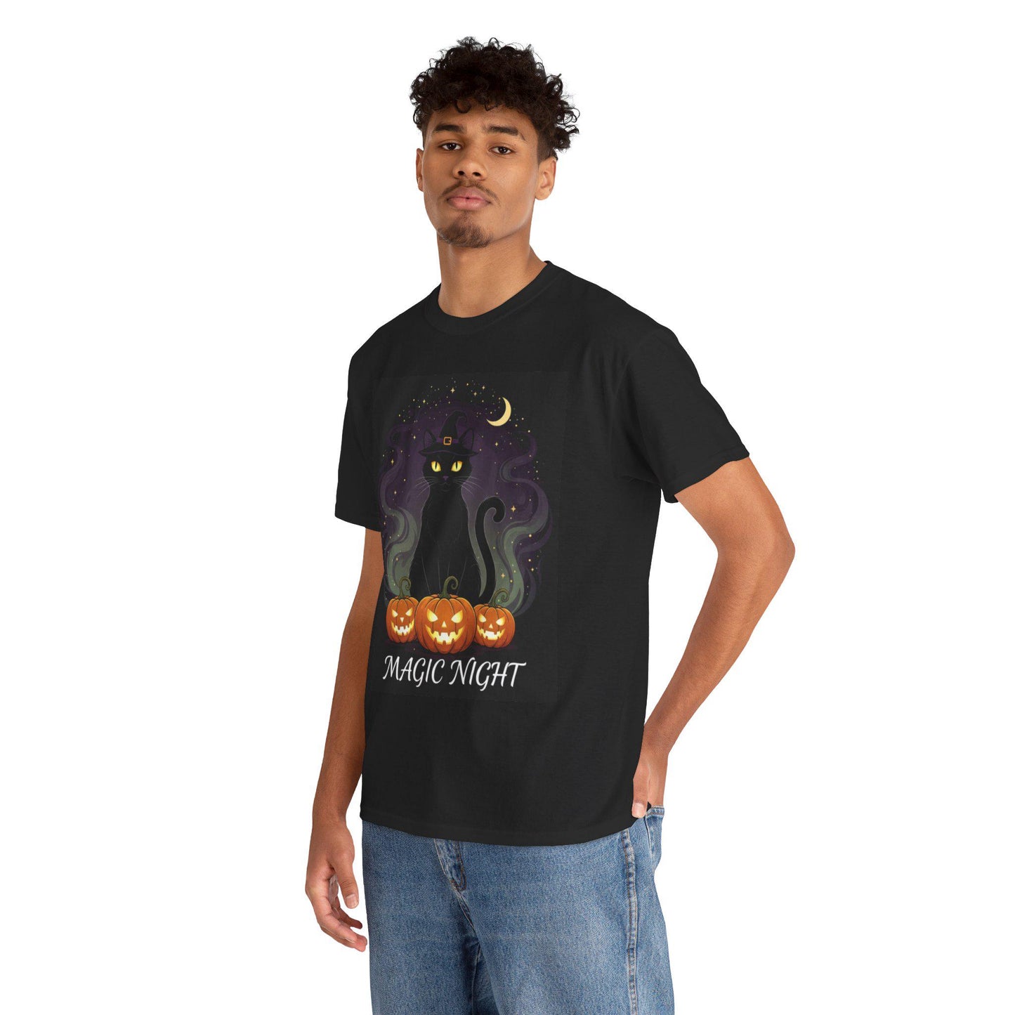 Magic Night Cat T-Shirt: Halloween Spooky Season Unisex Tee