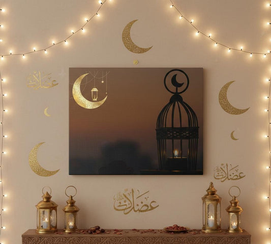 Golden Crescent Moon Lantern Canvas | Ramadan Islamic Wall Art