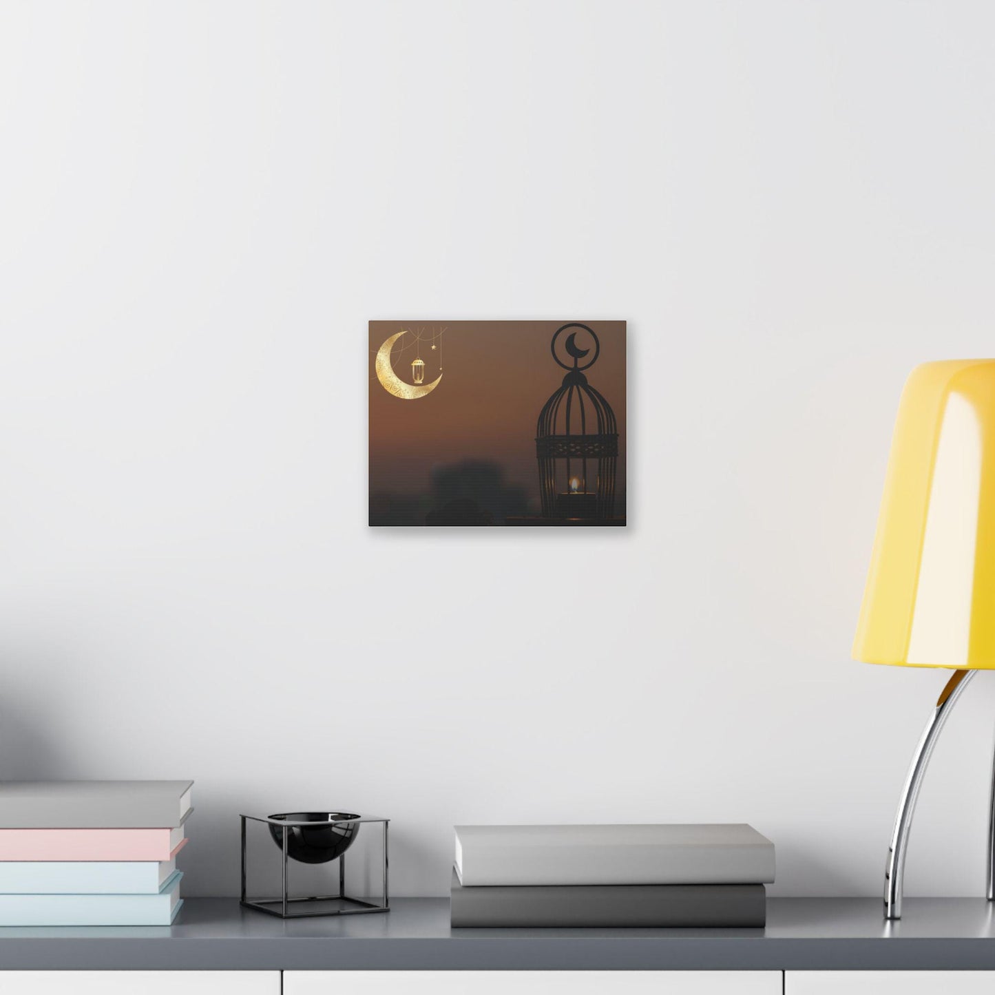 Golden Crescent Moon Lantern Canvas | Ramadan Islamic Wall Art