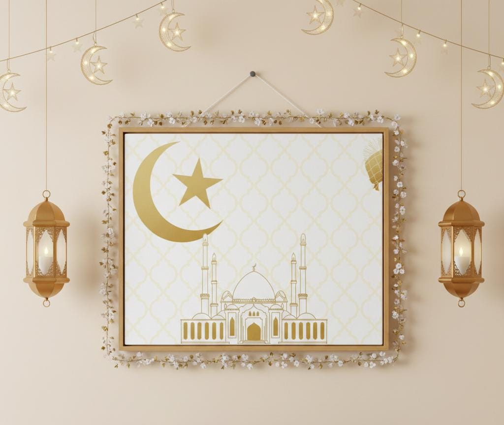 Gold Crescent Mosque Canvas | Stretched Canvas Wall Art, Islamic Decor | Ramadan Special canvas