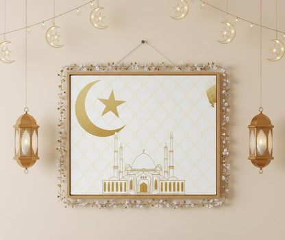 Gold Crescent Mosque Canvas | Stretched Canvas Wall Art, Islamic Decor | Ramadan Special canvas