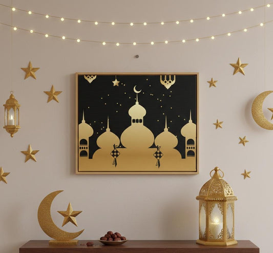 Golden Mosque Silhouette Canvas | Islamic Wall Art Ramadan Decor