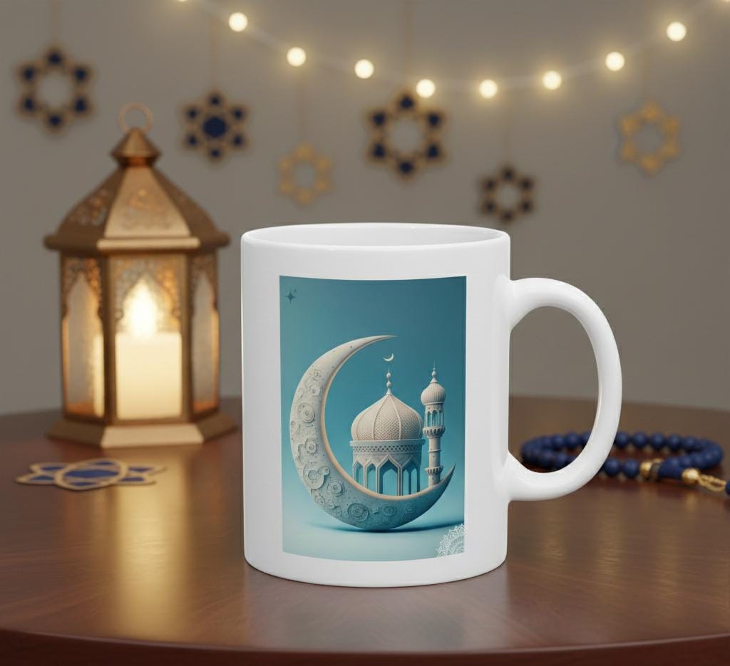 Crescent Mosque Illustration Mug | Islamic Moon Ramadan Ceramic Mug