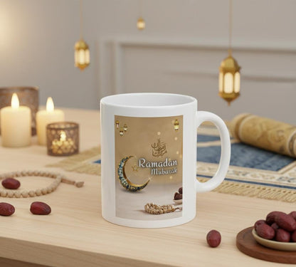 Ramadan Mubarak crescent moon mug | Islamic prayer beads ceramic mug