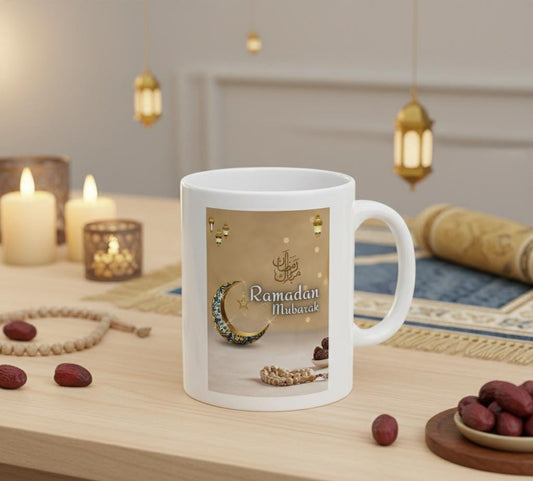 Ramadan Mubarak crescent moon mug | Islamic prayer beads ceramic mug