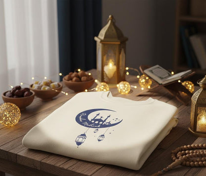 Crescent Mosque Illustration Sweatshirt | Ramadan Moon Lanterns Sweatshirt