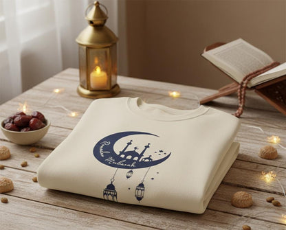 Crescent Mosque Illustration Sweatshirt | Ramadan Moon Lanterns Sweatshirt