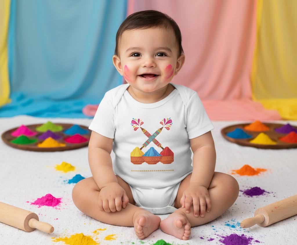 Colorful Holi Powder Bowls Bodysuit | Festival Colors, Hand-Painted Spoons