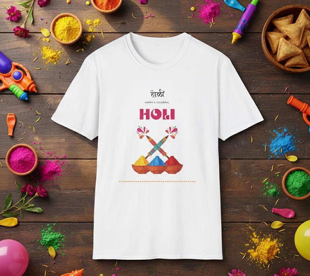 Holi Colors Pichkari and Powder T-Shirt | Holi Festival Graphic Tee