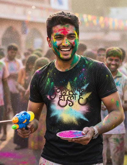 Holi Color Powder Splash T-Shirt | Holi Festival Hindi Script
