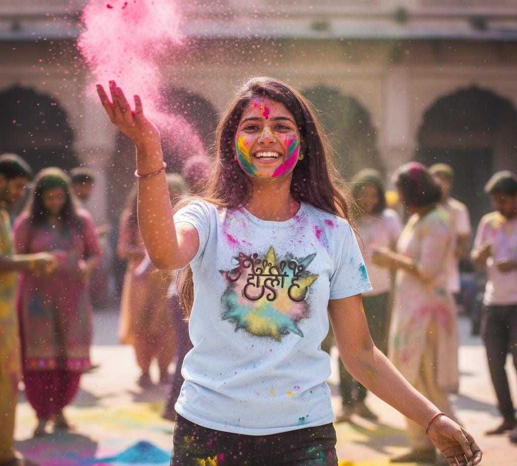 Holi Color Powder Splash T-Shirt | Holi Festival Hindi Script