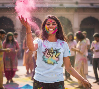 Holi Color Powder Splash T-Shirt | Holi Festival Hindi Script