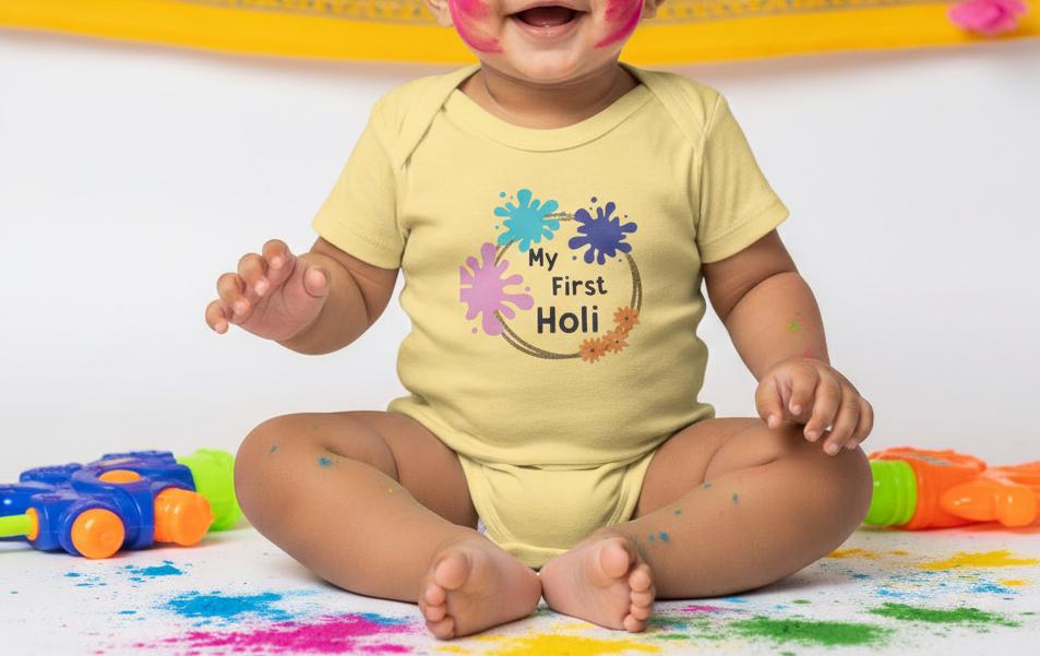My First Holi Infant Bodysuit | Baby Holi Onesie, Colorful Powder Design