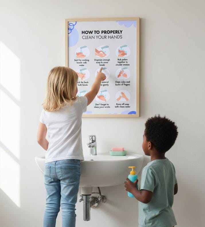 Kids Hand Washing Steps Poster, Hygiene Chart, Sky Blue Theme (Digital Download)