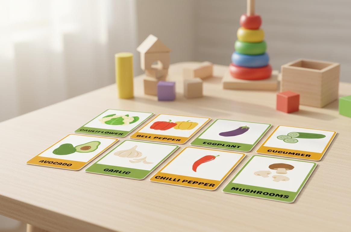 Vegetable flashcards for toddlers, montessori nutrition learning (digital download)