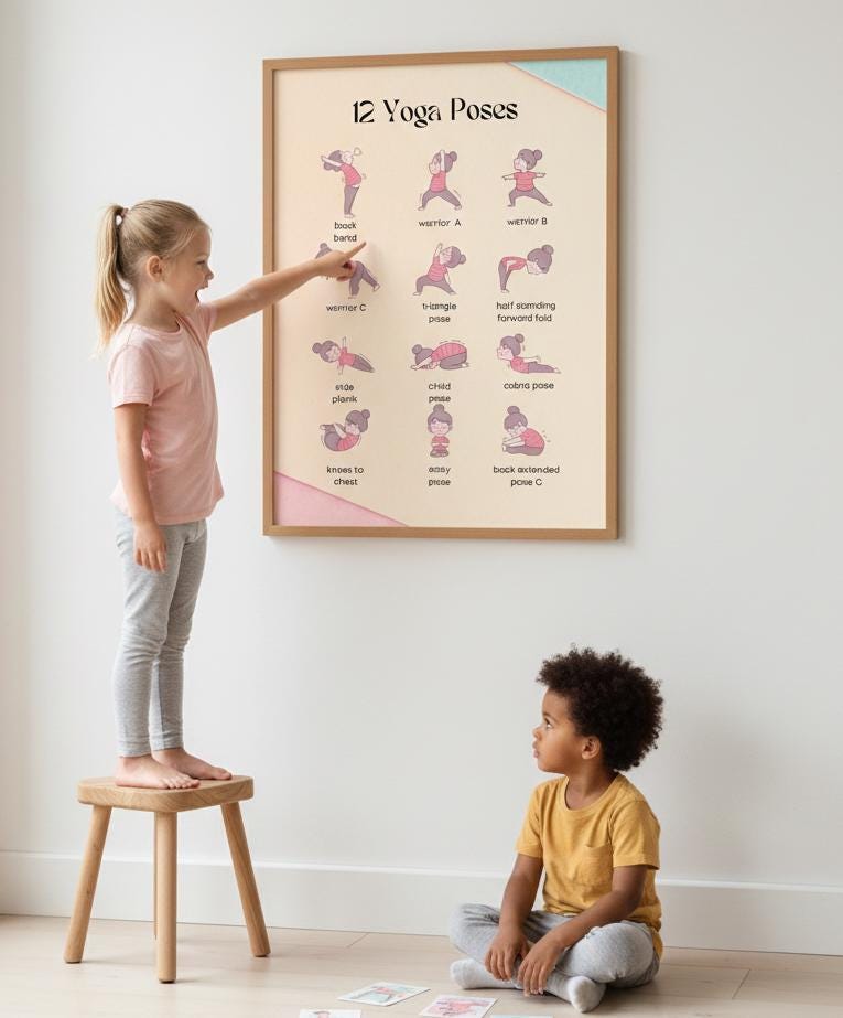 Yoga Poses Poster for Kids, Toddler Stretching Chart (Digital Download)
