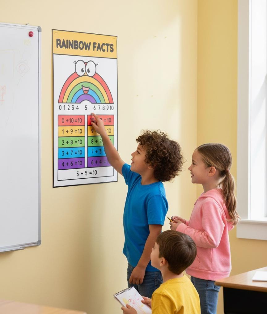 Rainbow Facts Math Poster, Number Bonds to 10, Classroom Decor (Digital Download)