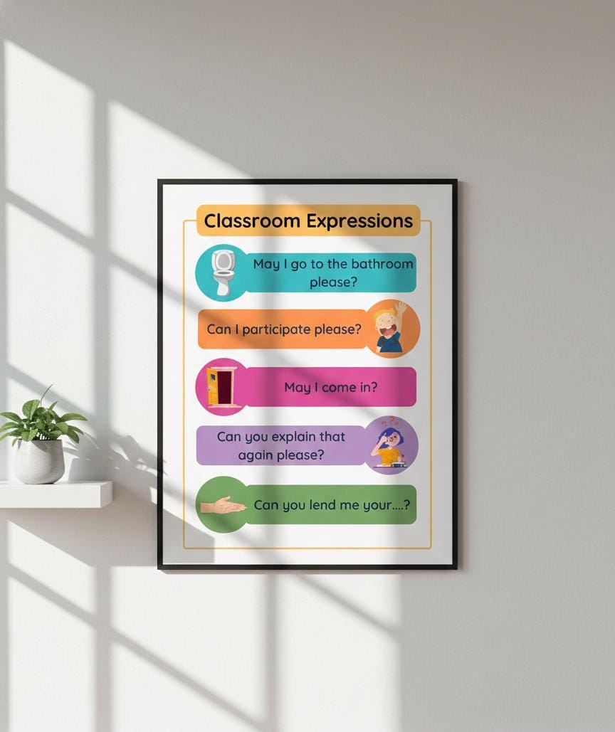 Classroom Expressions Poster, Polite Requests, ESL Teacher Resource (Digital Print A4 Size)