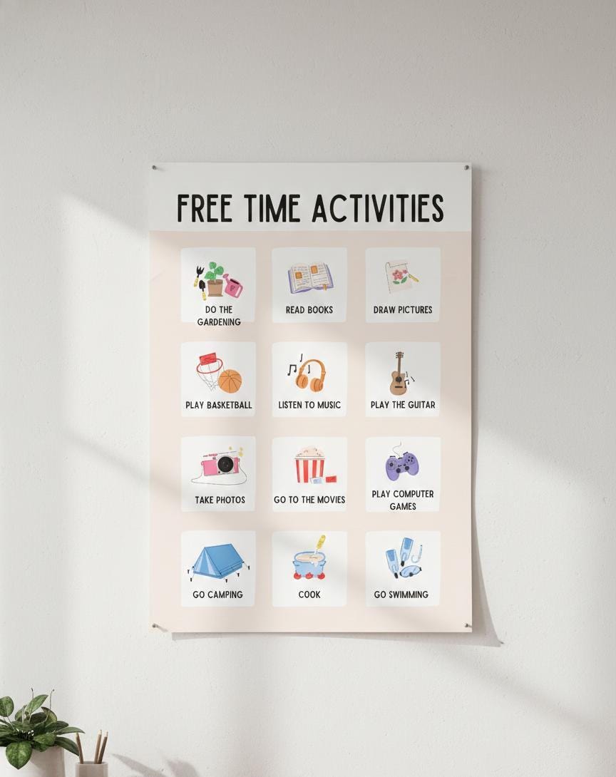 Kids Daily Routine Chart, Hobbies and Interests, Educational Wall Art (Digital Download)