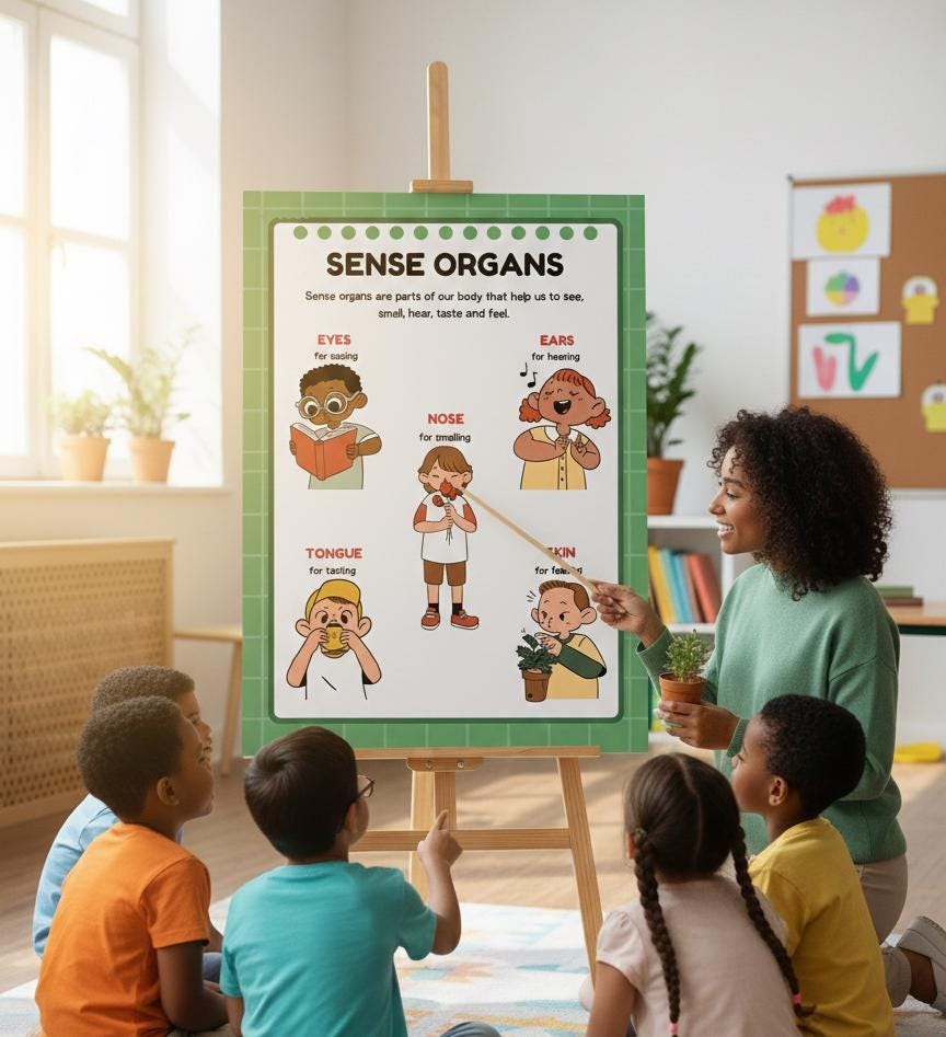 Five Senses Poster, Montessori Science Print, Educational Wall Art (Digital Download A4 Size)