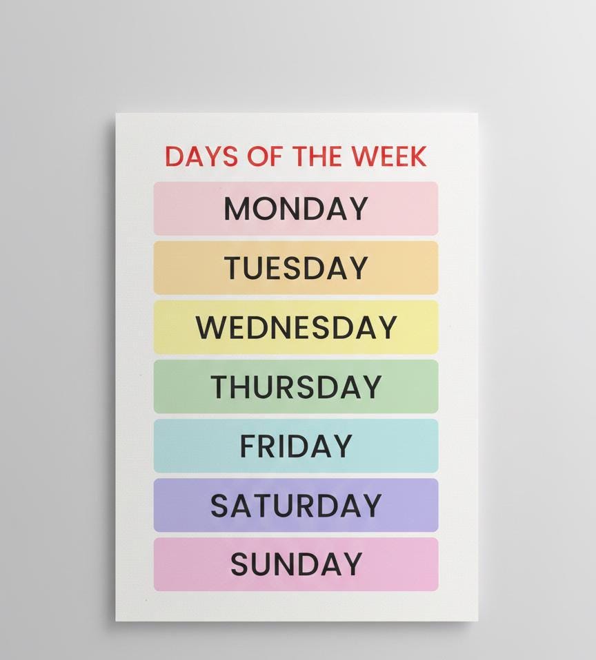 Days of the Week Poster, Pastel Montessori Calendar (Digital Download)