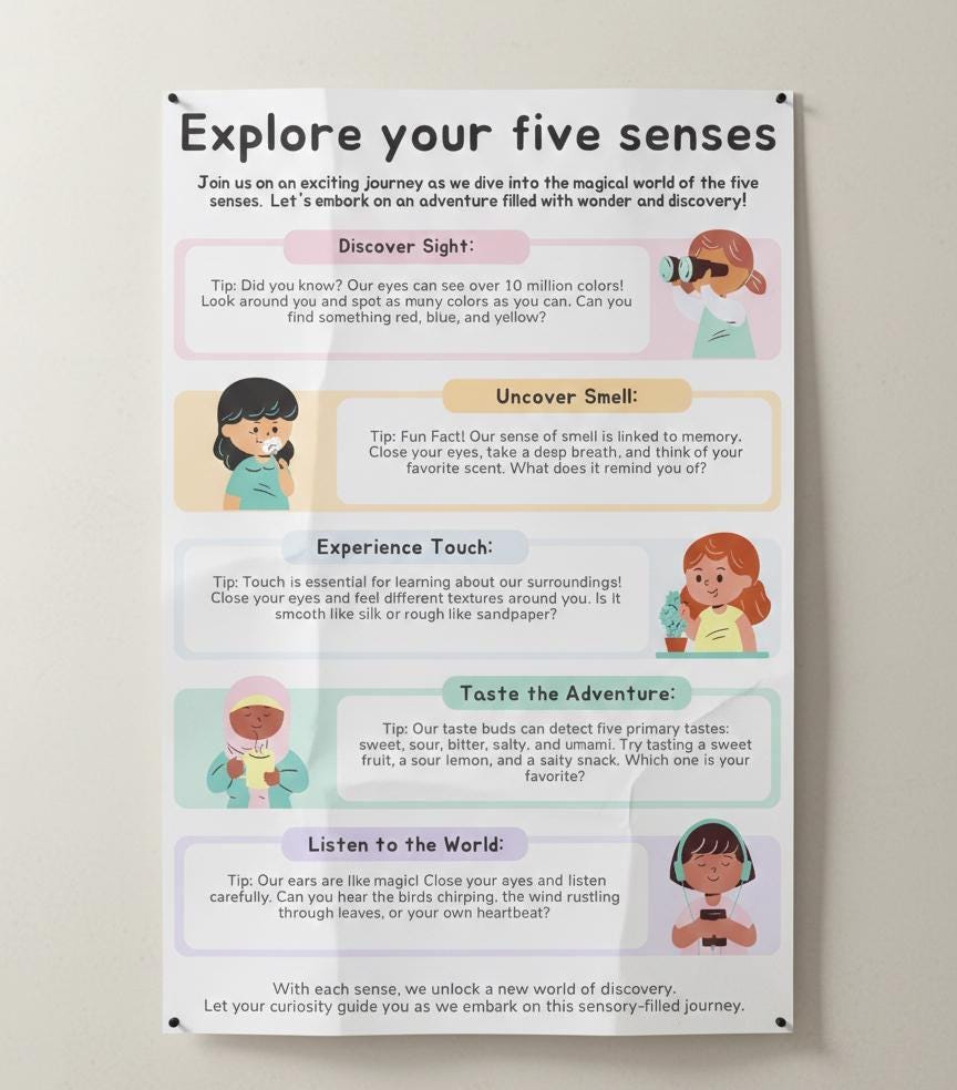 Five senses learning poster, montessori science classroom decor (digital download)
