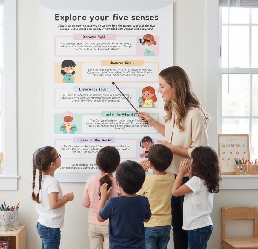 Five senses learning poster, montessori science classroom decor (digital download)